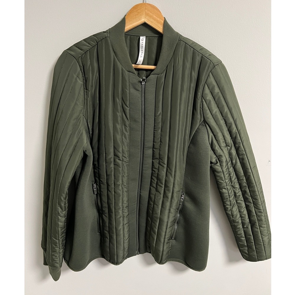 Fabletics Quilted Bomber Jacket Full Zip XL Olive Green Mixed Media Activewear
